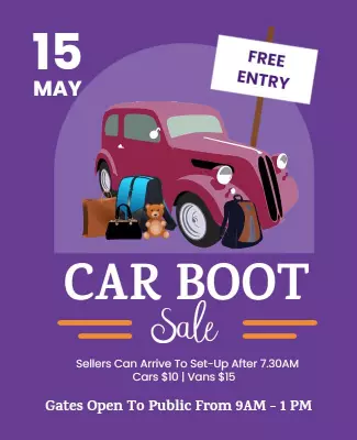Playful Purple Car Boot Sale Market Event Poster Template