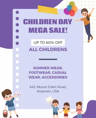 Playful Purple Children Day Mega Sale Poster Template