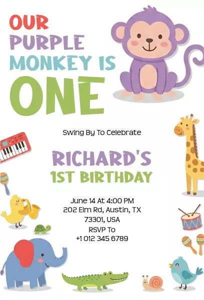 Playful Purple Monkey Theme 1st Birthday Invitation Template