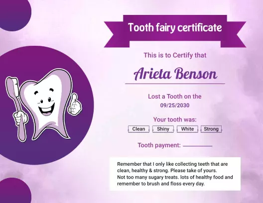 Playful Purple Tooth Fairy Collection Certificate Template