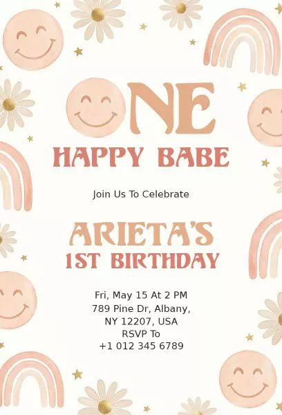 Playful Rainbow Smiley Theme 1st Birthday Invitation Template
