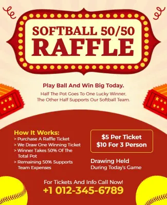 Playful Red and Yellow Softball 50/50 Raffle Event Flyer Template