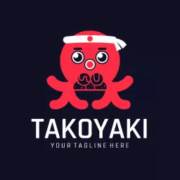 Playful Red Octopus Character Displaying Takoyaki Logo Template