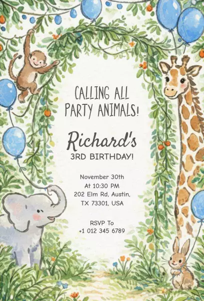 Playful Safari Animal Adventure Birthday Invitation Template