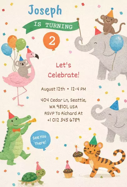 Playful Safari Jungle Animal Birthday Celebration Invitation Template