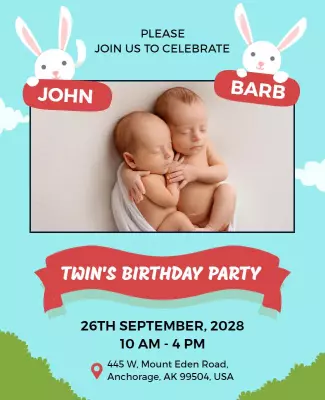 Playful Spring Twin Birthday Party Celebration Poster Template