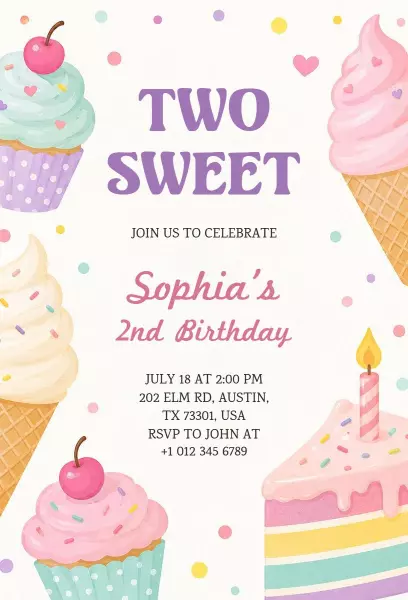 Playful Sweet Treats 2nd Birthday Celebration Invitation Template