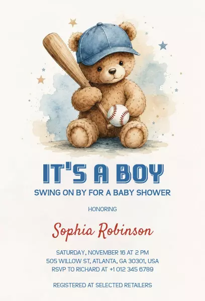 Playful Teddy Bear Baseball Baby Shower Invitation Template