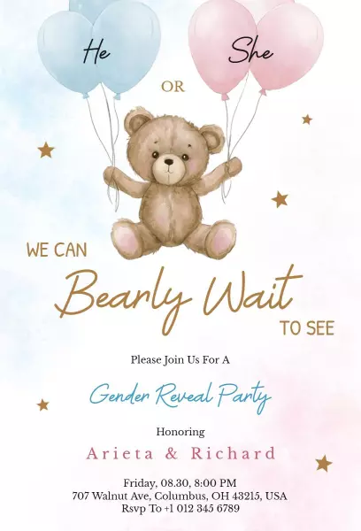 Playful Teddy Bear Gender Reveal Party Invitation Template