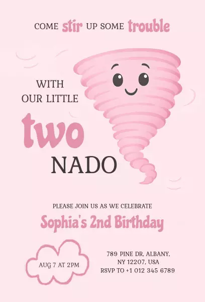 Playful Tornado Theme 2nd Birthday Celebration Invitation Template