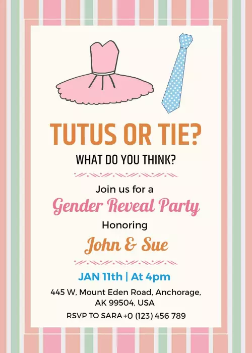 Playful Tutus or Ties Themed Gender Reveal Invitation Template
