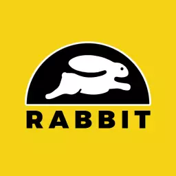 Playful White Rabbit in Motion on Bright Yellow Background Logo Template