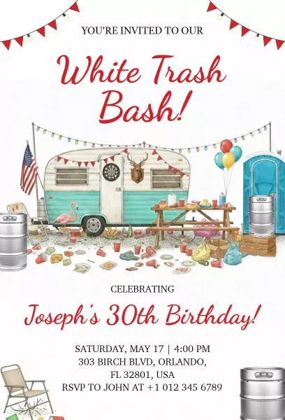 Playful White Trash Themed 30th Birthday Bash Invitation Template