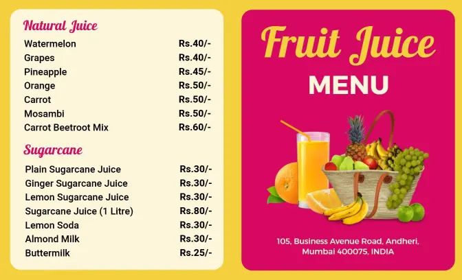 Playful Yellow and Pink Fruit Juice Menu Template