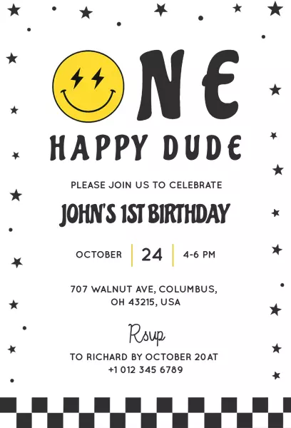 Playful Yellow Happy Dude 1st Birthday Invitation Template