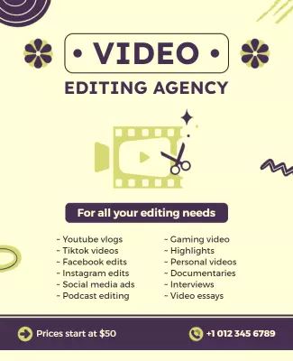 Playful Yellow Video Editing Agency Services Poster Template