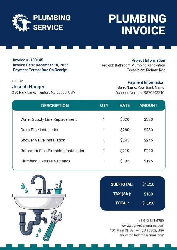 Plumbing Service and Work Charges Invoice Template