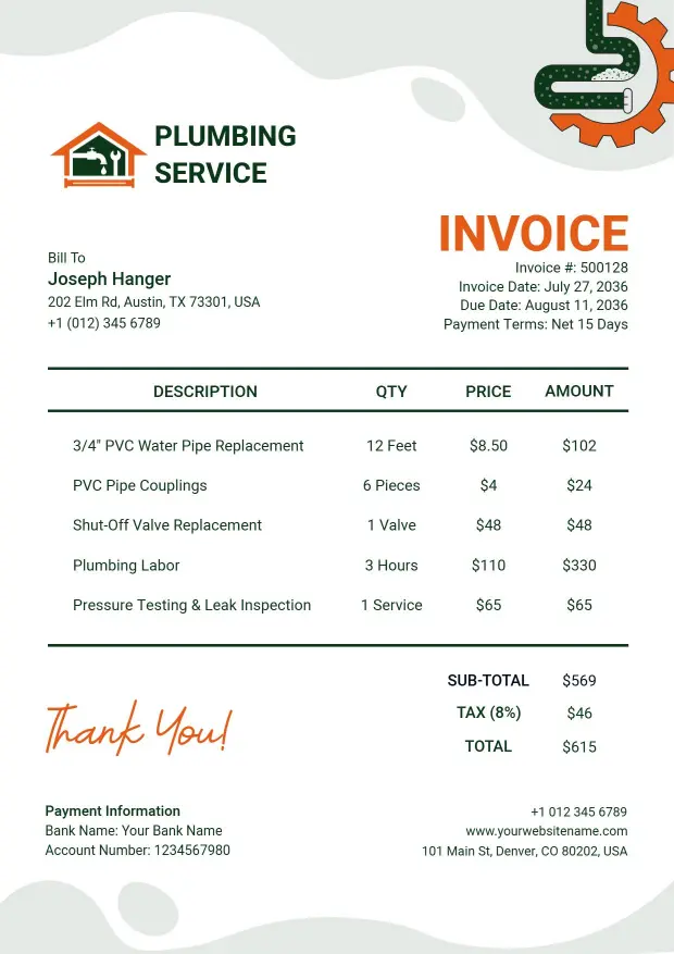Plumbing Service Billing with Labor Costs Invoice Template