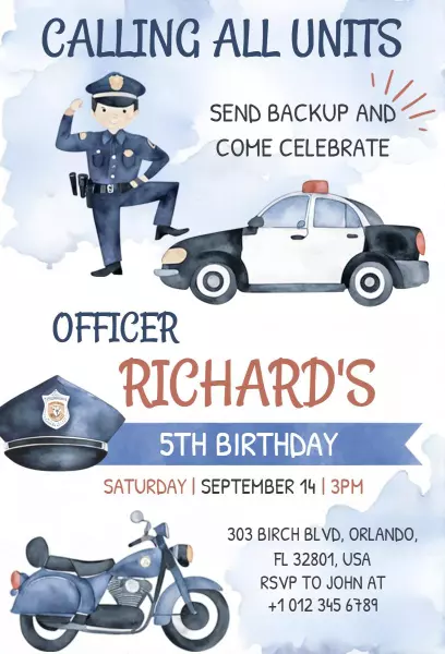 Police Officer Birthday Celebration Kids Invitation Template
