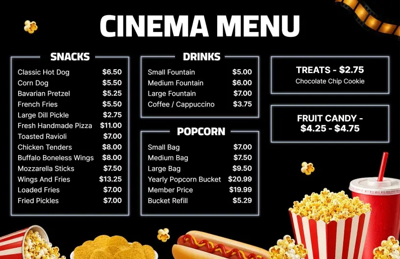 Popcorn and Snack Combos with Refreshing Beverages Cinema Menu Template