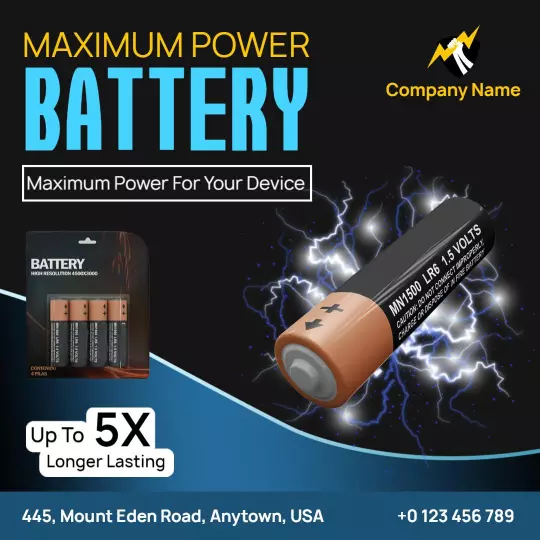 Powerful Black and Orange Battery for Devices Promotion Ad Template