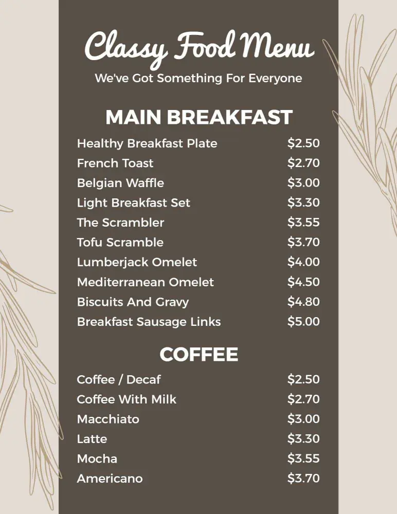 Premium Breakfast Choices and Artisanal Coffee Fancy Menu Template