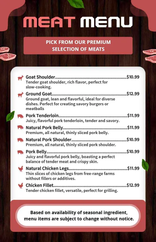 Premium Pork and Chicken with Rich Flavors Meat Menu Template