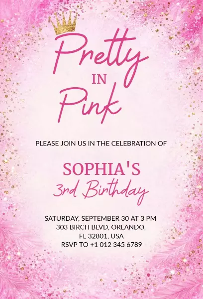 Pretty in Pink 3rd Birthday Celebration Invitation Template