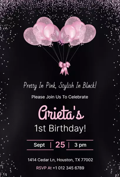Pretty In Pink Stylish Black 1st Birthday Invitation Template