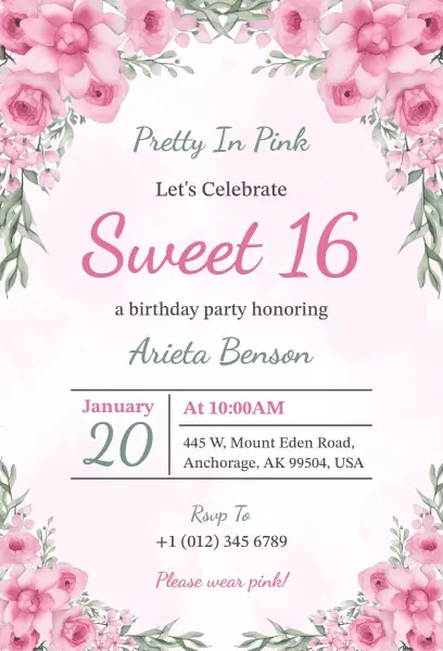 Pretty In Pink Sweet 16 Birthday Celebration Invitation Template