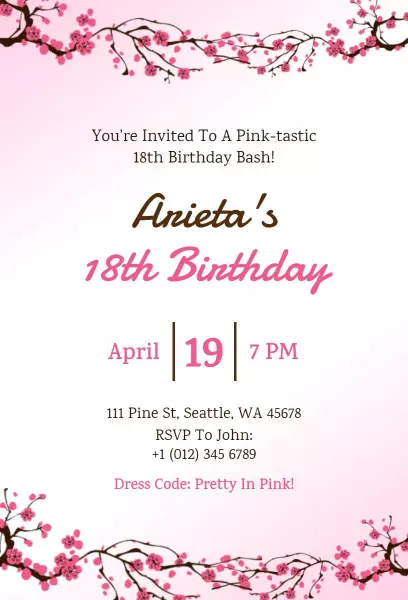 Pretty Pink 18th Birthday Celebration Invitation Template