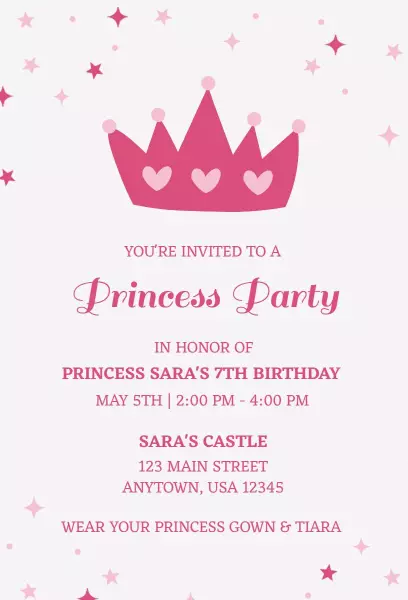 Princess Crown Pink Theme Birthday Party Invitation Template