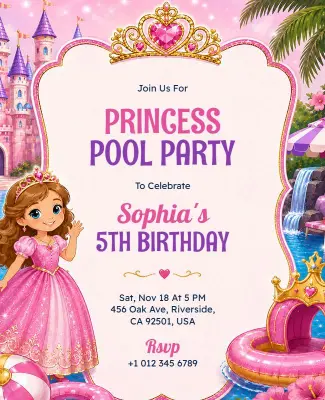 Princess Fifth Birthday Pool Party Flyer Template