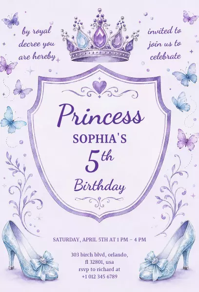 Princess Themed Purple Celebration Birthday Invitation Template