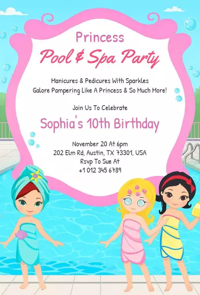 Princess Themed Spa Pool Party Celebration Invitation Template