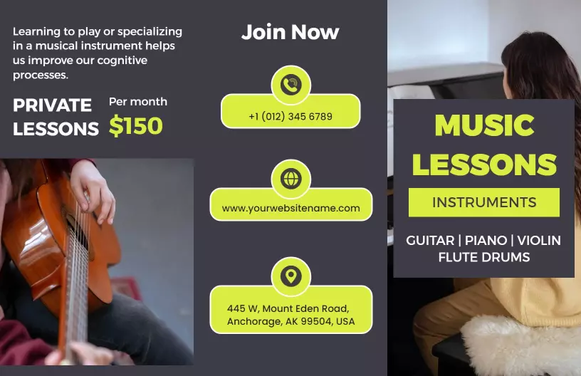 Private Music Lessons for Guitar, Piano, Violin Brochure Template