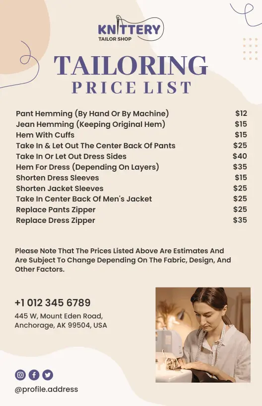Professional Alterations and Hemming Services Tailoring Price List Template