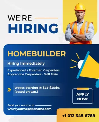 Professional Blue Construction Job Hiring Announcement Poster Template
