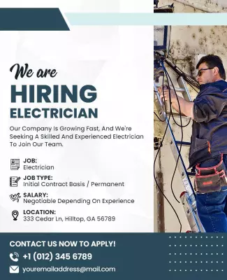 Professional Blue Hiring Electrician Job Announcement Poster Template