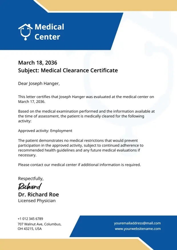 Professional Blue Medical Clearance Certificate Letterhead Template