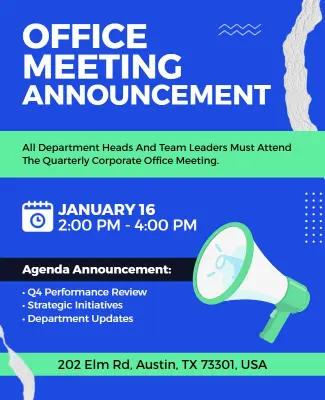 Professional Blue Office Meeting Agenda Announcement Flyer Template