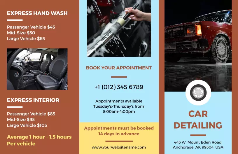 Professional Car Detailing Services Pricing and Appointment Brochure Template