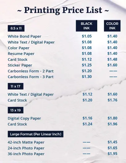 Professional Clean Printing Price List Template