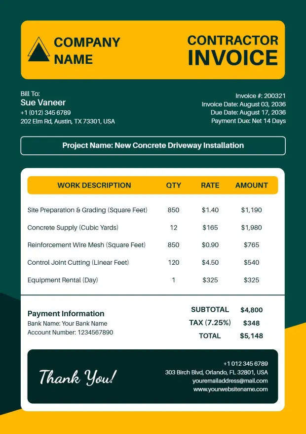 Professional Concrete Driveway Installation Project Contractor Invoice Template
