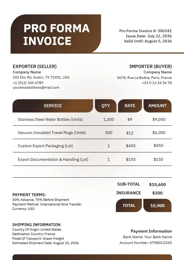 Professional Export-Import Transaction Billing Proforma Invoice Template
