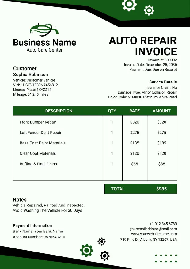 Professional Green Automotive Maintenance Invoice Template