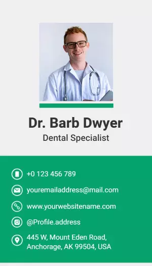 Professional Green Dental Specialist with Contact Details Business Card Template