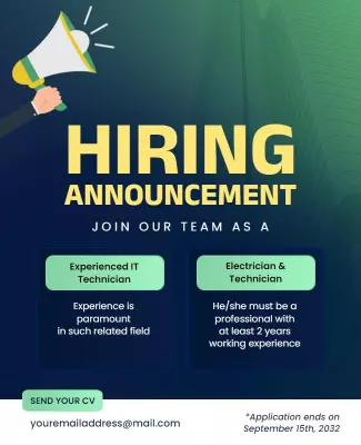 Professional Green Hiring Announcement for IT and Electrician Poster Template