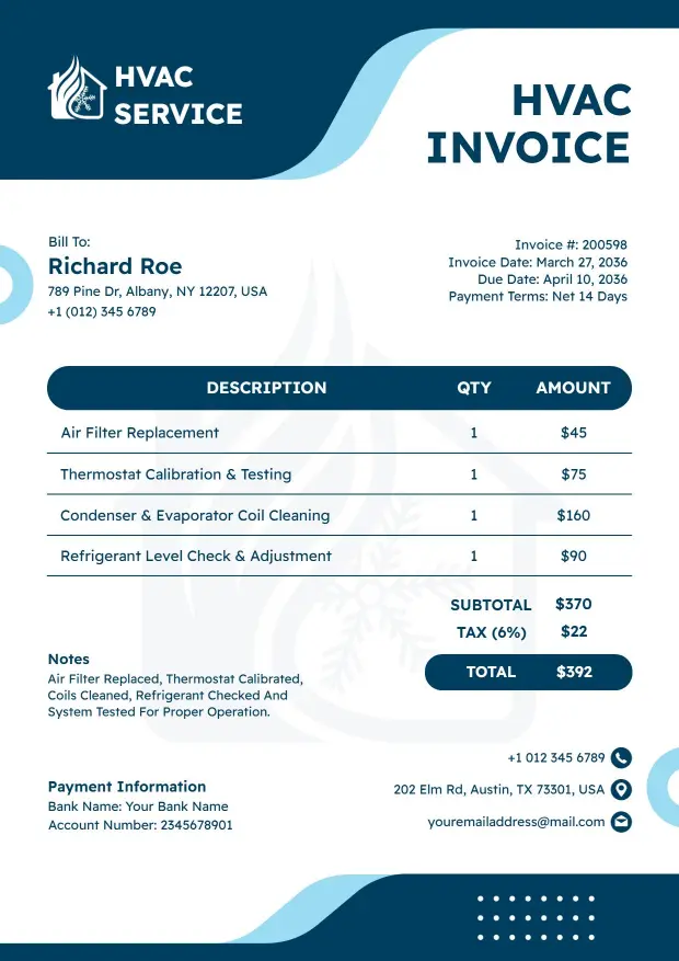 Professional HVAC Service Billing with Detailed Charges Invoice Template