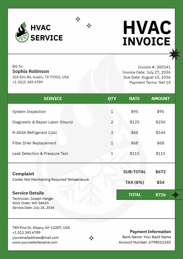 Professional HVAC System Inspection and Repair Billing Invoice Template
